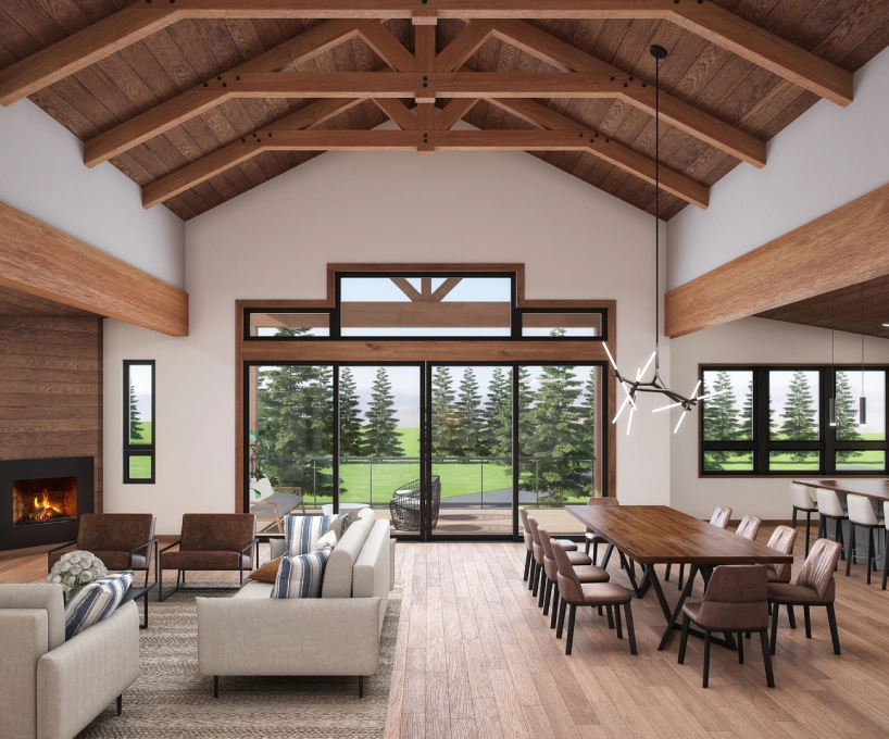 A living room with wooden floors and vaulted ceilings.